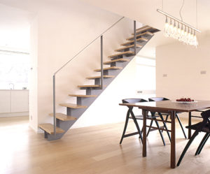 Staircase in painted steel, stainless steel and oak